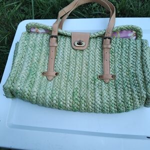 Green Woven Tote Bag with Tan Accents